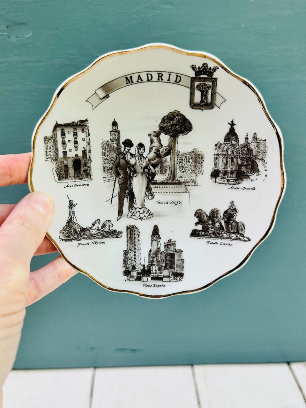 Vintage Madrid Spain Souvenir Plate Black White Gold Decorative Trinket Dish